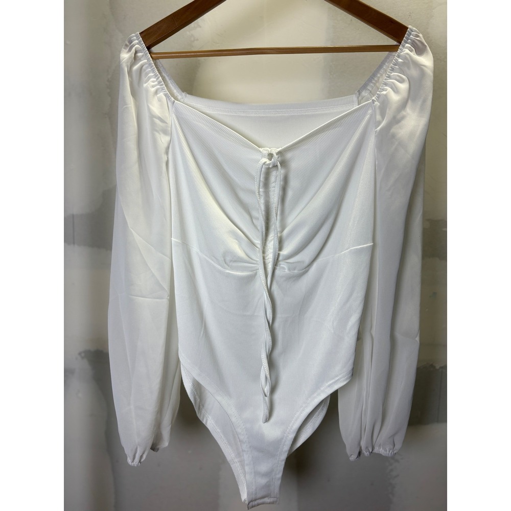 Shein Curve White Ruched Tie Front‎ Bodysuit Long Sheer Sleeve 0XL Plus Size